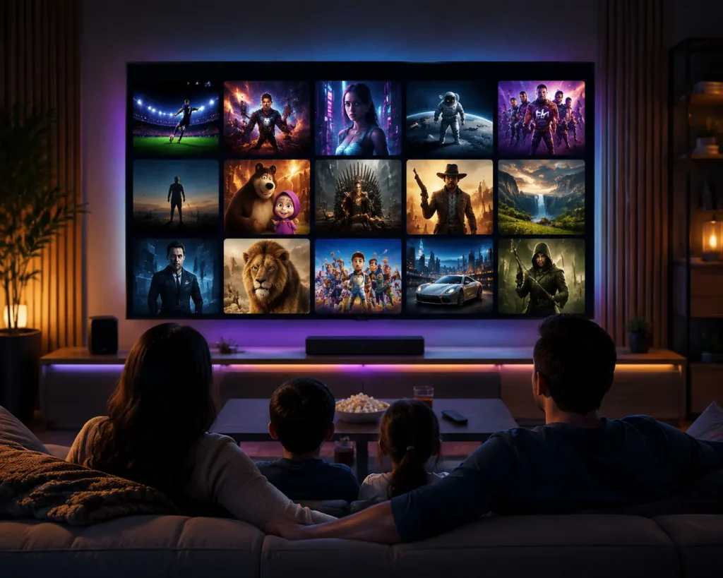 A family enjoying a movie night in a modern home theater with a large TV displaying colorful entertainment content