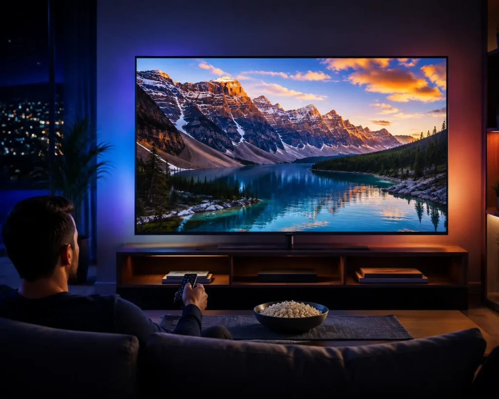 A person relaxing in a modern home theater watching a vivid mountain landscape on a large TV with cinematic lighting and a cozy living room setup.
