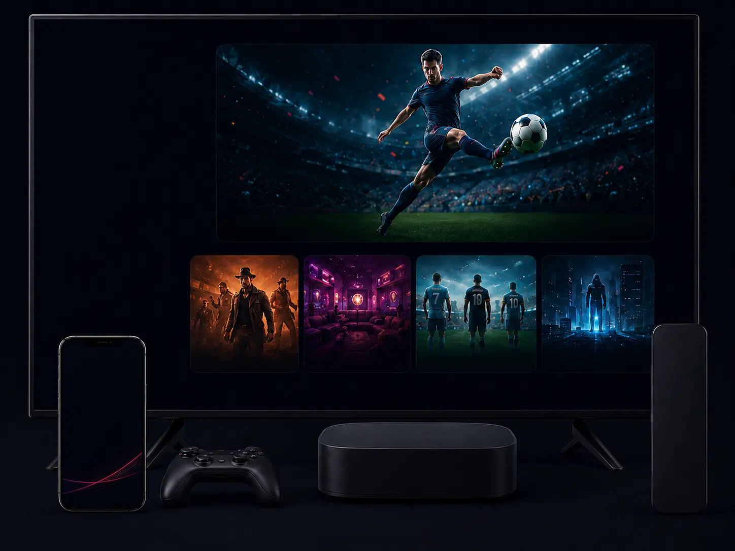 Dark streaming setup with a soccer match on TV, content thumbnails, gaming controller, media box, and remote.
