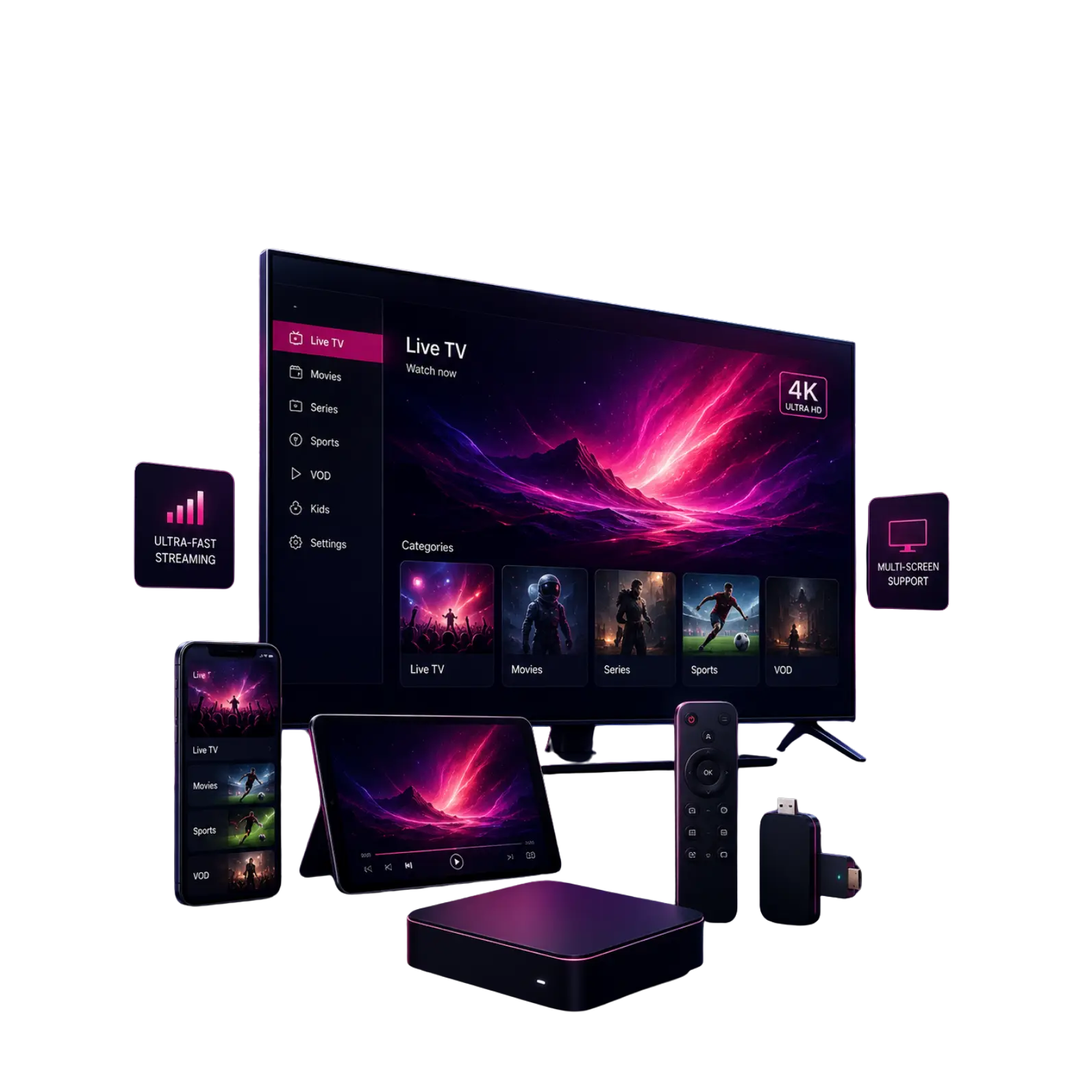 Futuristic IPTV streaming setup with a large smart TV displaying Live TV, movies, series, sports, and VOD in 4K, surrounded by a smartphone, tablet, remote, streaming box, and glowing worldwide connectivity graphics in a dark neon pink and purple theme.