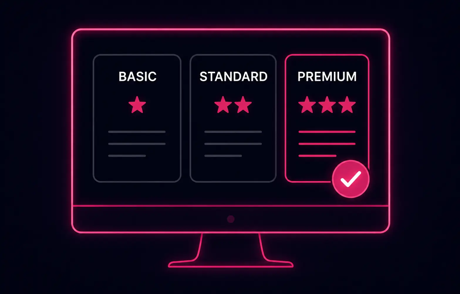Neon monitor showing Basic, Standard, and Premium subscription plans with Premium selected.